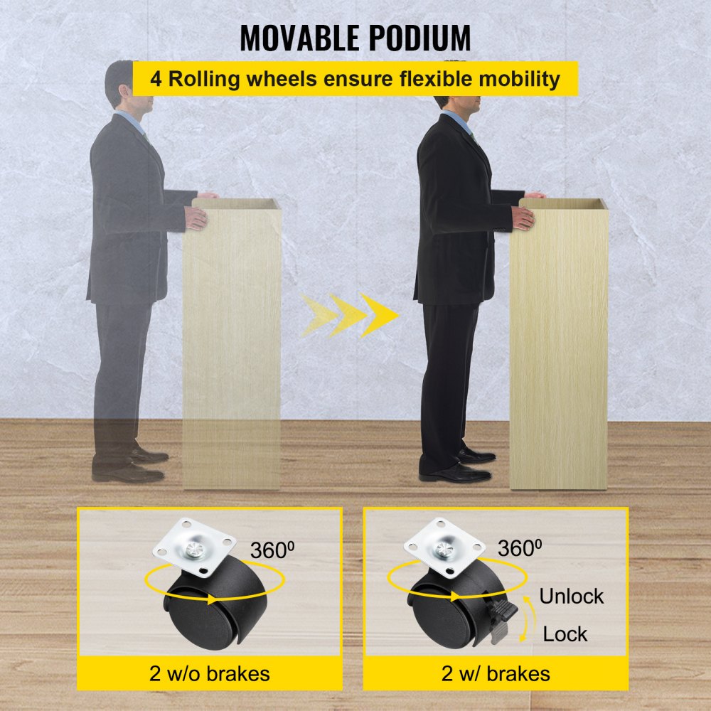 VEVOR Wood Podium, 39.4 x 20 FT, Lecterns and Podiums with 4 Rolling Wheels, Baffle Plate & Shelf, Easy Assembly Oak Wood Lecterns for Church, Office, School, Home White