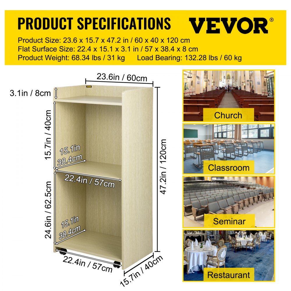 VEVOR Wood Podium, 39.4 x 20 FT, Lecterns and Podiums with 4 Rolling Wheels, Baffle Plate & Shelf, Easy Assembly Oak Wood Lecterns for Church, Office, School, Home White