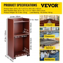 VEVOR Wood Podium, 2 x 4 FT, Lecterns and Podiums with 4 Rolling Wheels, Baffle Plate & Shelf, Easy Assembly Walnut Wood Lecterns for Church, Office, School, Home