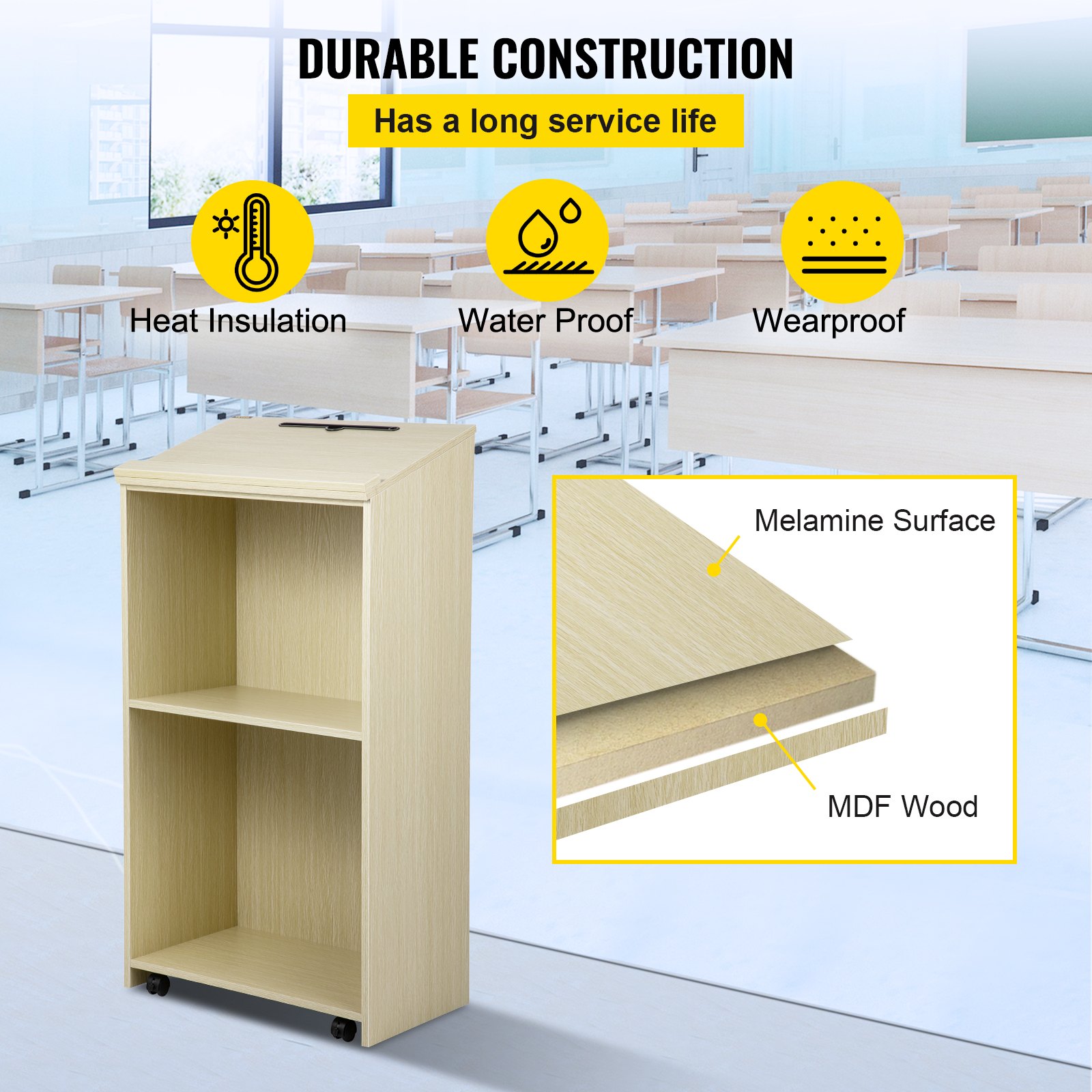 VEVOR Lessenaar Sta Bureau Mobiel Bureau 60 x 40 x 120 cm met 4 Wielen en Plank
