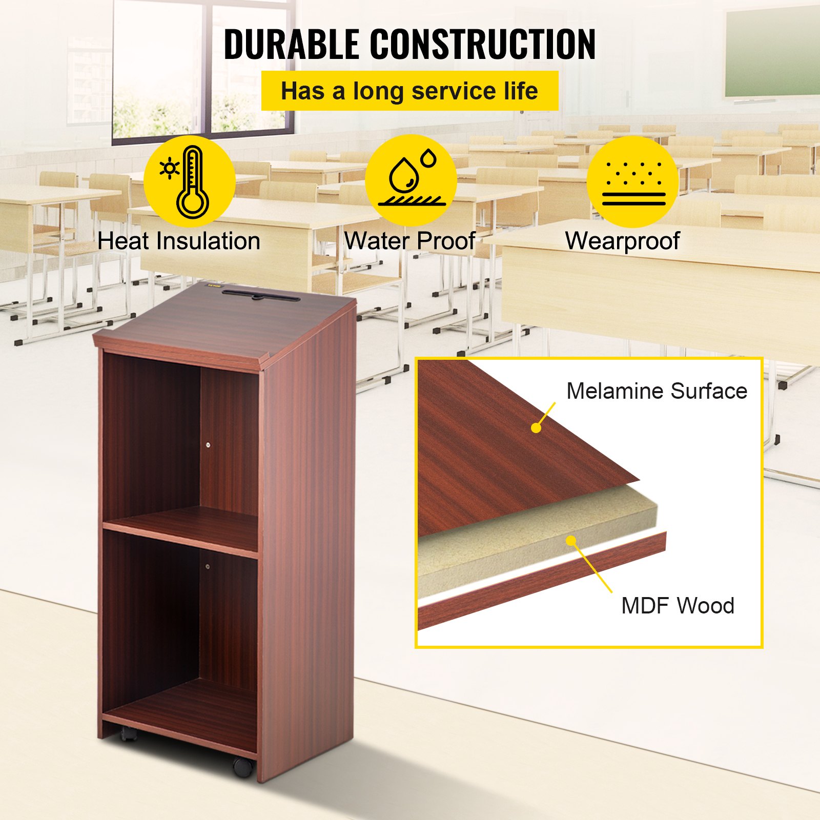 VEVOR Lessenaar Sta Bureau Mobiel Bureau 60 x 40 x 120 cm met 4 Wielen en Plank