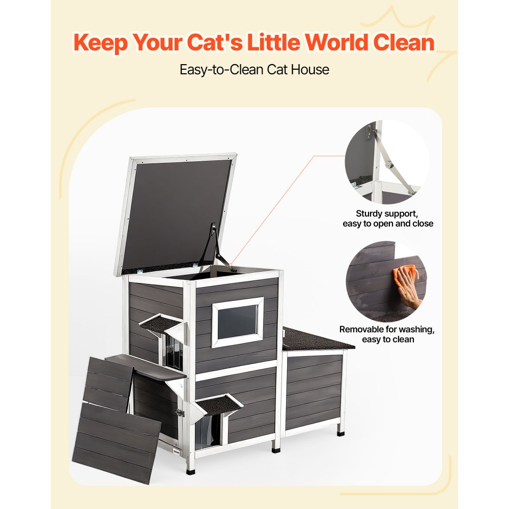 VEVOR Buitenkattenhuis, 2-laags houten kattenhut, verhoogde schuilplaats met trap, transparant raam en vouwdeuren, winterbestendige kattenhut voor in de tuin, 1070 x 633 x 863 mm