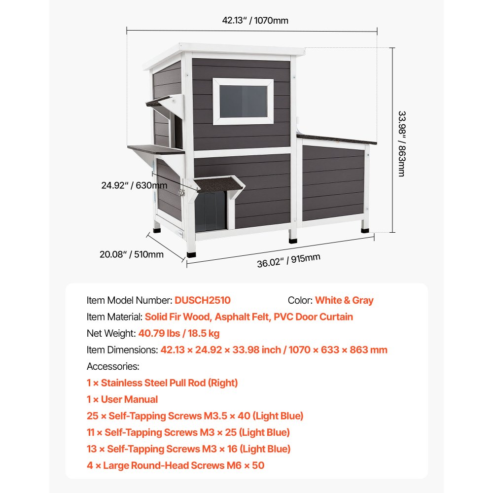 VEVOR Buitenkattenhuis, 2-laags houten kattenhut, verhoogde schuilplaats met trap, transparant raam en vouwdeuren, winterbestendige kattenhut voor in de tuin, 1070 x 633 x 863 mm