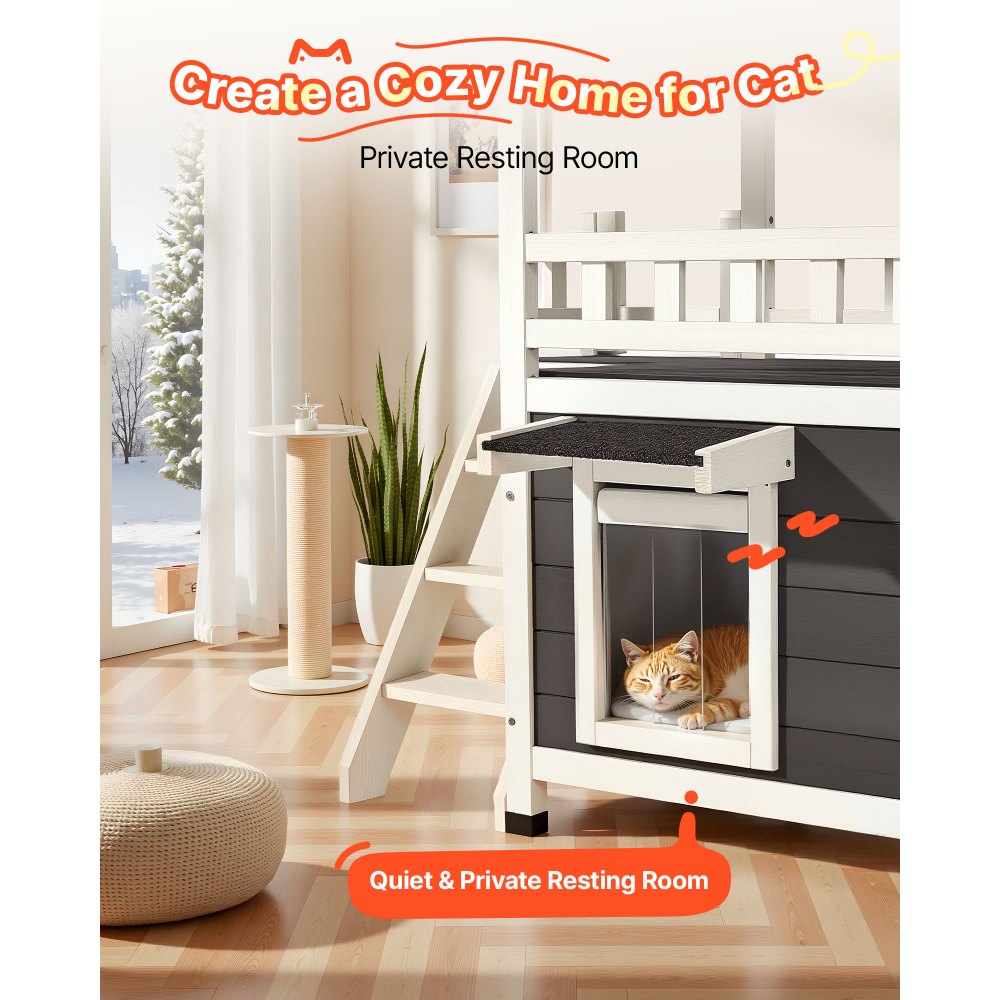 VEVOR Outdoor Cat House, 2-Story Wooden Cat Shelter with Stairs & Balcony, Elevated Feral Kitty Shelter, Spacious Room, Waterproof Cats Condos for Indoor & Outdoor Cats in Winter 30 x 22 x 30 in