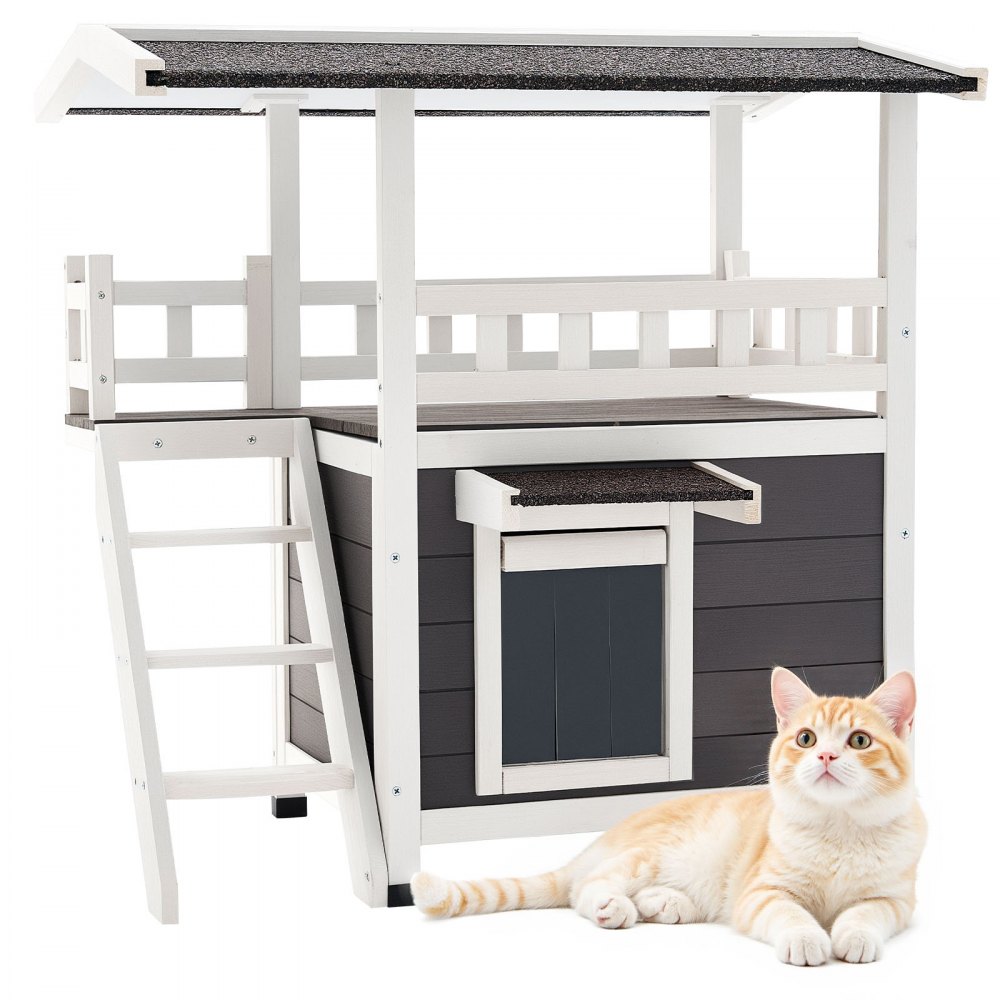 VEVOR Outdoor Cat House, 2-Story Wooden Cat Shelter with Stairs & Balcony, Elevated Feral Kitty Shelter, Spacious Room, Waterproof Cats Condos for Indoor & Outdoor Cats in Winter 30 x 22 x 30 in