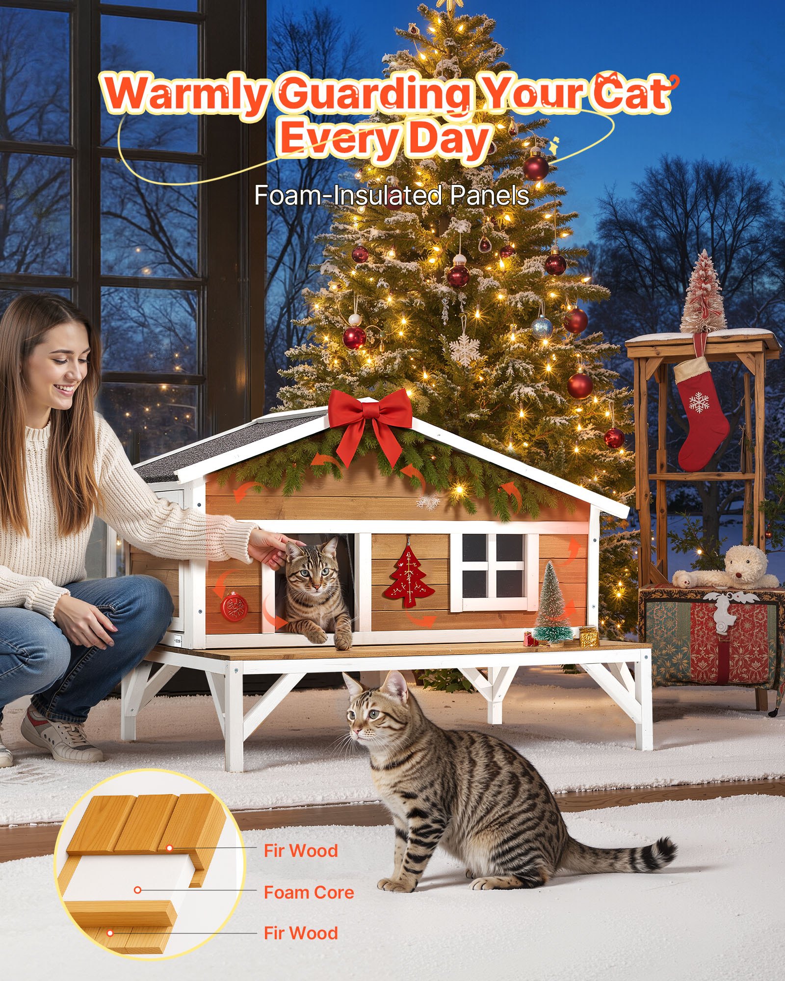 VEVOR Insulated Cat House, All-Around Foam Insulation Elevated Cat Shelter, Wooden Feral Kitty Shelter with Large Platform, Waterproof Cats Condos for Indoor & Outdoor Cats in Winter 43.5x33.5x31 in