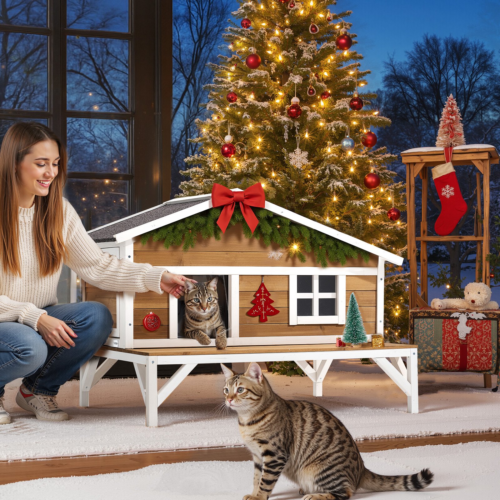 VEVOR Insulated Cat House, All-Around Foam Insulation Elevated Cat Shelter, Wooden Feral Kitty Shelter with Large Platform, Waterproof Cats Condos for Indoor & Outdoor Cats in Winter 43.5x33.5x31 in