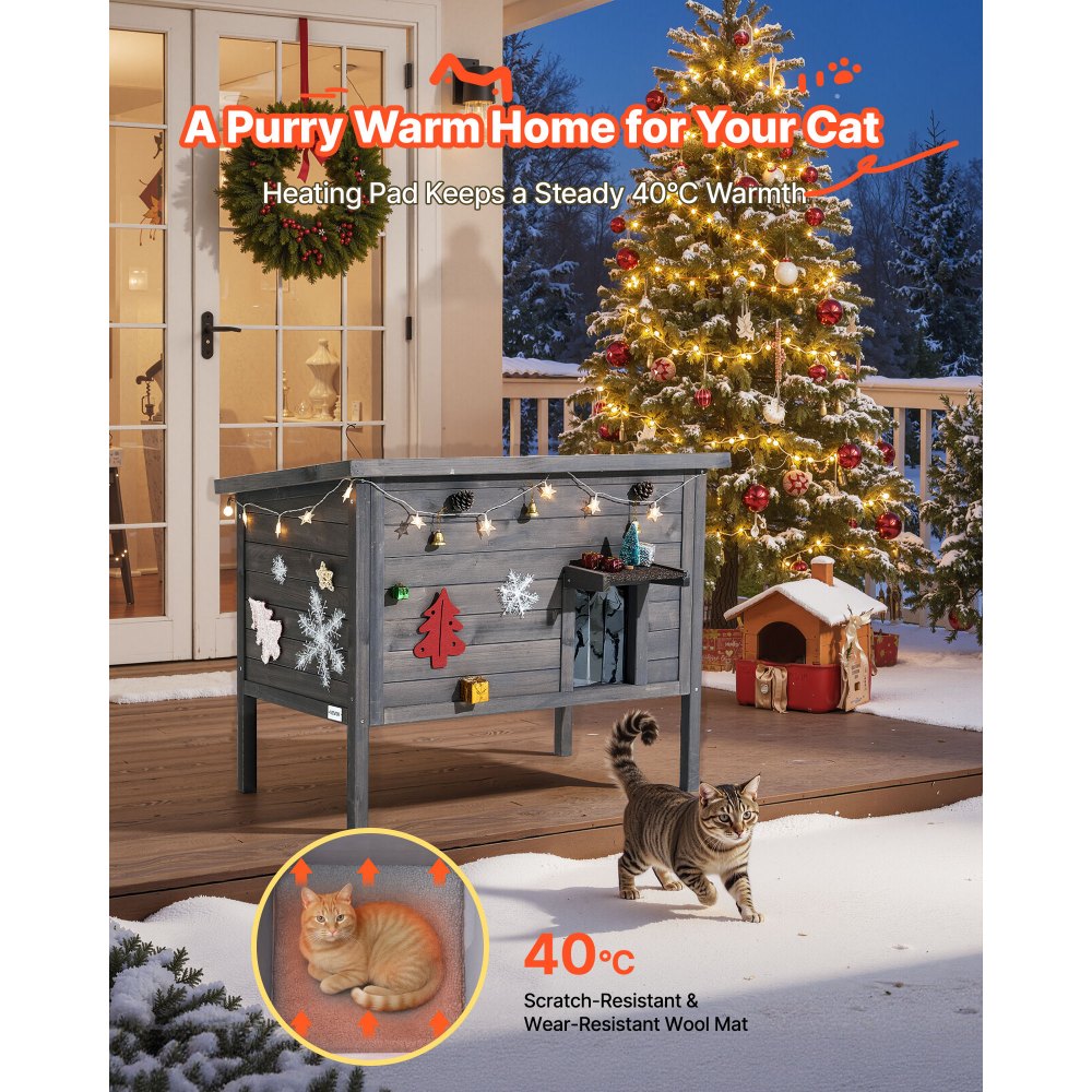VEVOR Buitenkattenhuis 870 x 535 x 690 mm, Houten Kattenhut, Winterbestendige Kattengrot met 30 W Verwarmingsmat, PVC Vouwdeur & Asfalt Dak, Kattenhuis voor 1-3 Katten in de Winter,