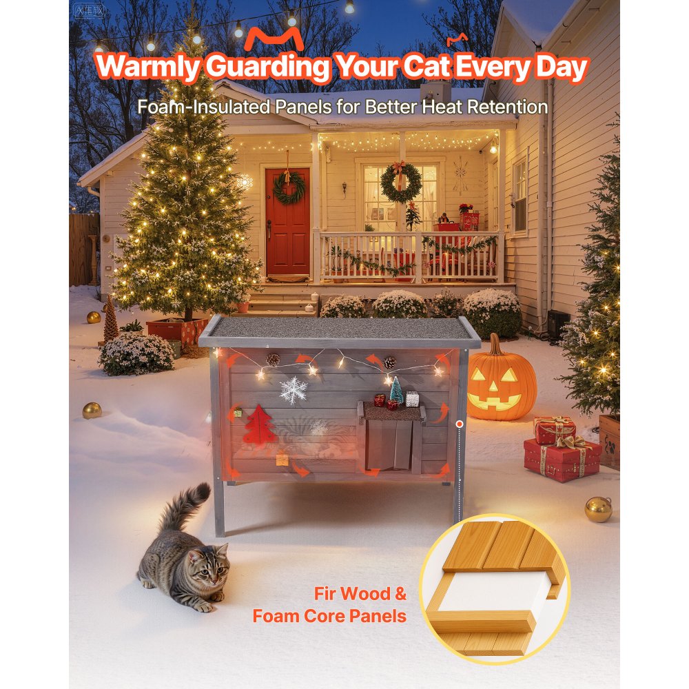 VEVOR Buitenkattenhuis 870 x 535 x 690 mm, Houten Kattenhut, Winterbestendige Kattengrot met 30 W Verwarmingsmat, PVC Vouwdeur & Asfalt Dak, Kattenhuis voor 1-3 Katten in de Winter,