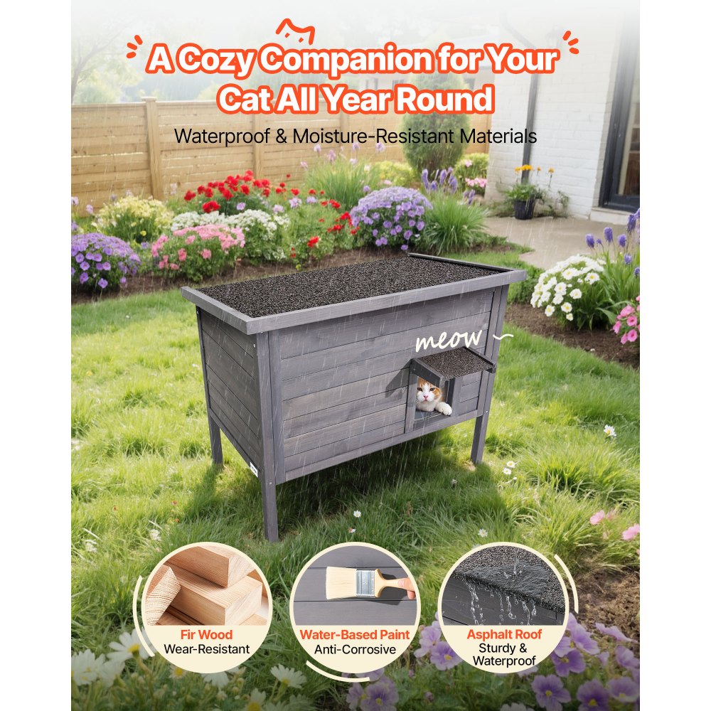 VEVOR Buitenkattenhuis 870 x 535 x 690 mm, Houten Kattenhut, Winterbestendige Kattengrot met 30 W Verwarmingsmat, PVC Vouwdeur & Asfalt Dak, Kattenhuis voor 1-3 Katten in de Winter,