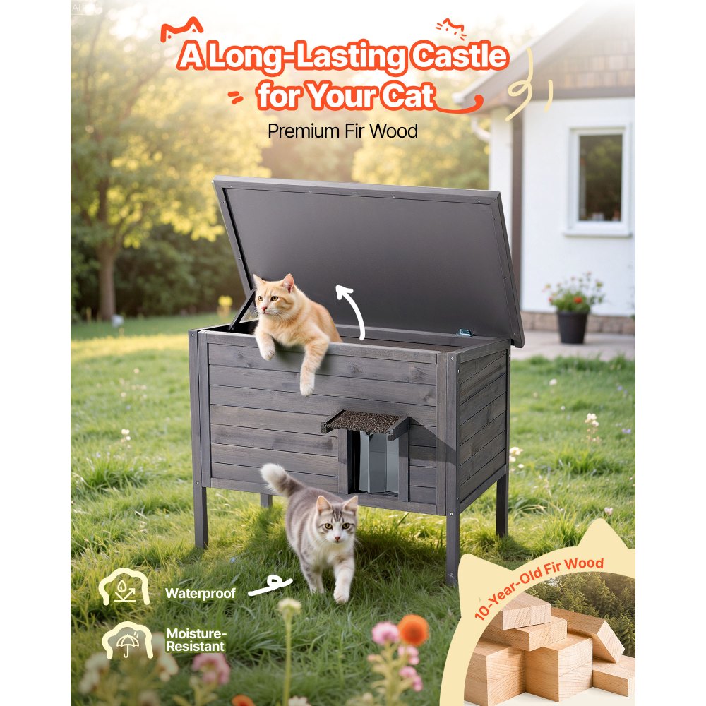 VEVOR Buitenkattenhuis 870 x 535 x 690 mm, Houten Kattenhut, Winterbestendige Kattengrot met 30 W Verwarmingsmat, PVC Vouwdeur & Asfalt Dak, Kattenhuis voor 1-3 Katten in de Winter,