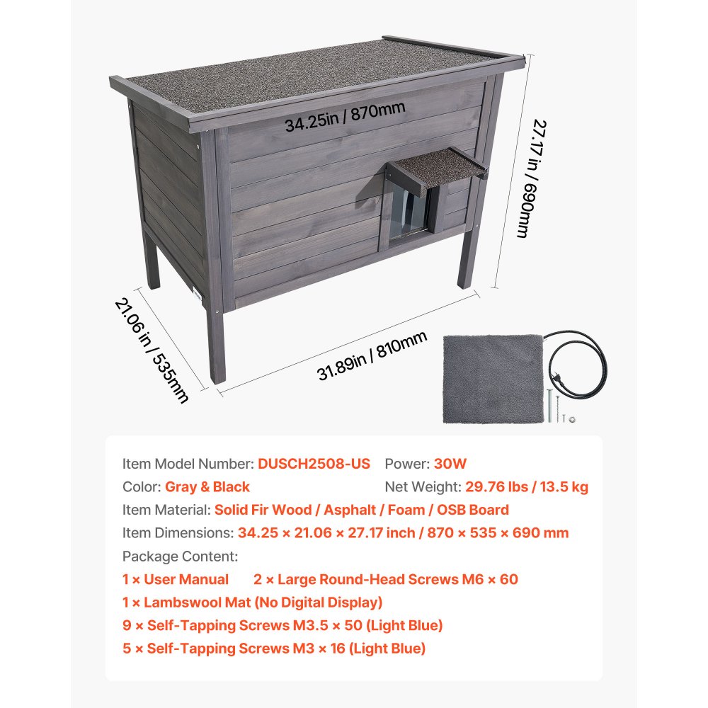 VEVOR Buitenkattenhuis 870 x 535 x 690 mm, Houten Kattenhut, Winterbestendige Kattengrot met 30 W Verwarmingsmat, PVC Vouwdeur & Asfalt Dak, Kattenhuis voor 1-3 Katten in de Winter,