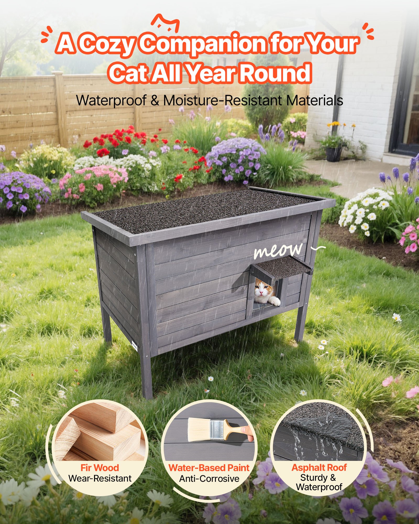 VEVOR Buitenkattenhuis 870 x 535 x 690 mm, Houten Kattenhut, Winterbestendige Kattengrot met 30 W Verwarmingsmat, PVC Vouwdeur & Asfalt Dak, Kattenhuis voor 1-3 Katten in de Winter,