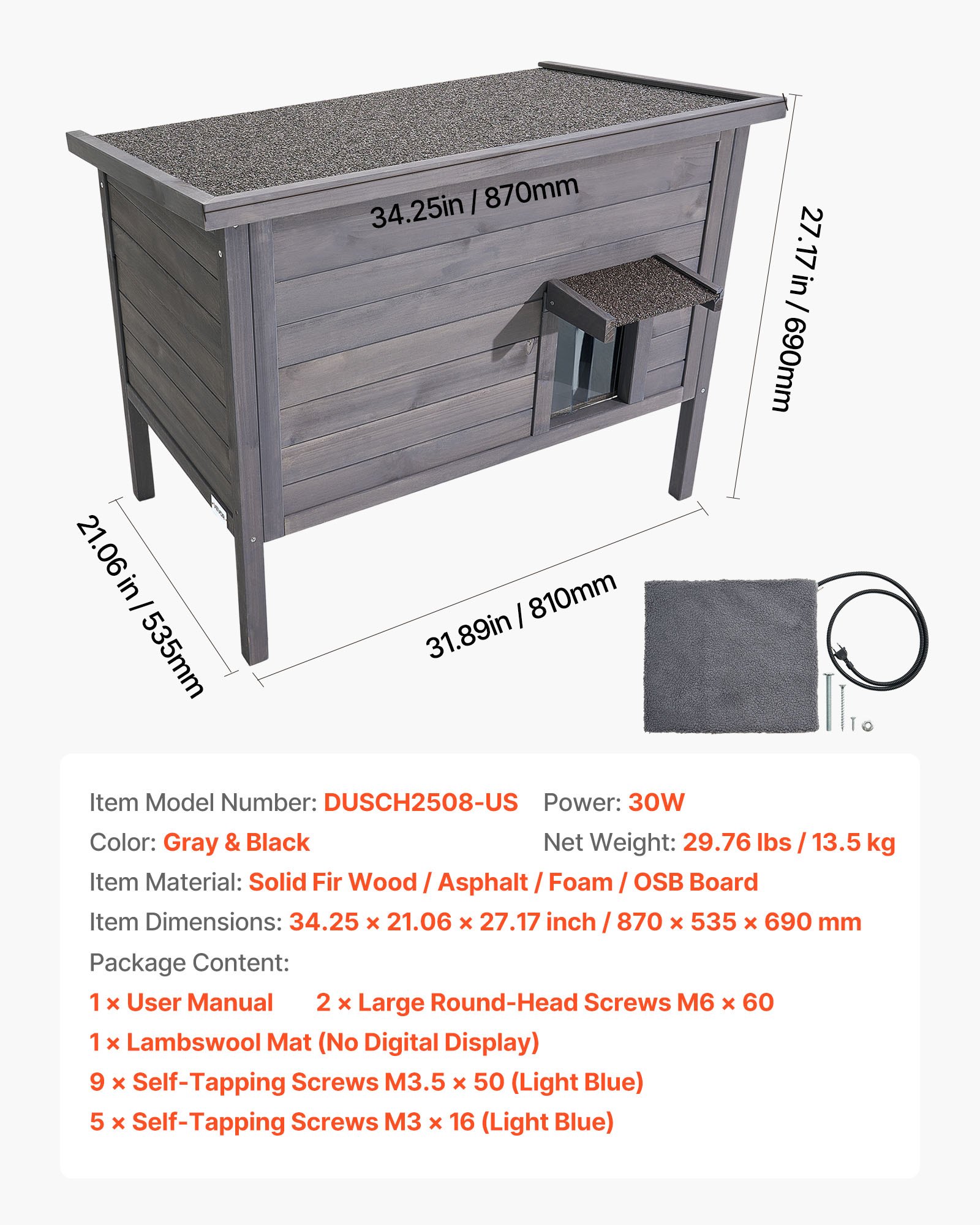 VEVOR Buitenkattenhuis 870 x 535 x 690 mm, Houten Kattenhut, Winterbestendige Kattengrot met 30 W Verwarmingsmat, PVC Vouwdeur & Asfalt Dak, Kattenhuis voor 1-3 Katten in de Winter,