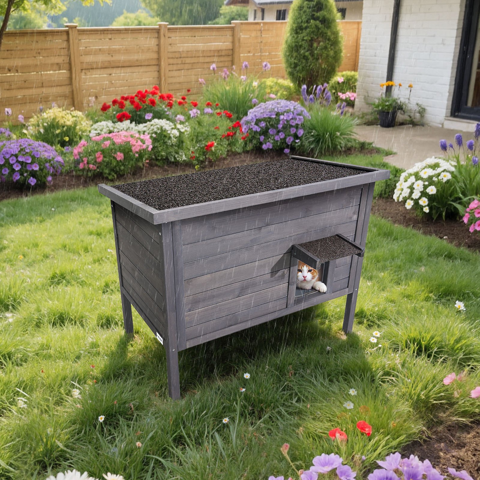 VEVOR Buitenkattenhuis 870 x 535 x 690 mm, Houten Kattenhut, Winterbestendige Kattengrot met 30 W Verwarmingsmat, PVC Vouwdeur & Asfalt Dak, Kattenhuis voor 1-3 Katten in de Winter,