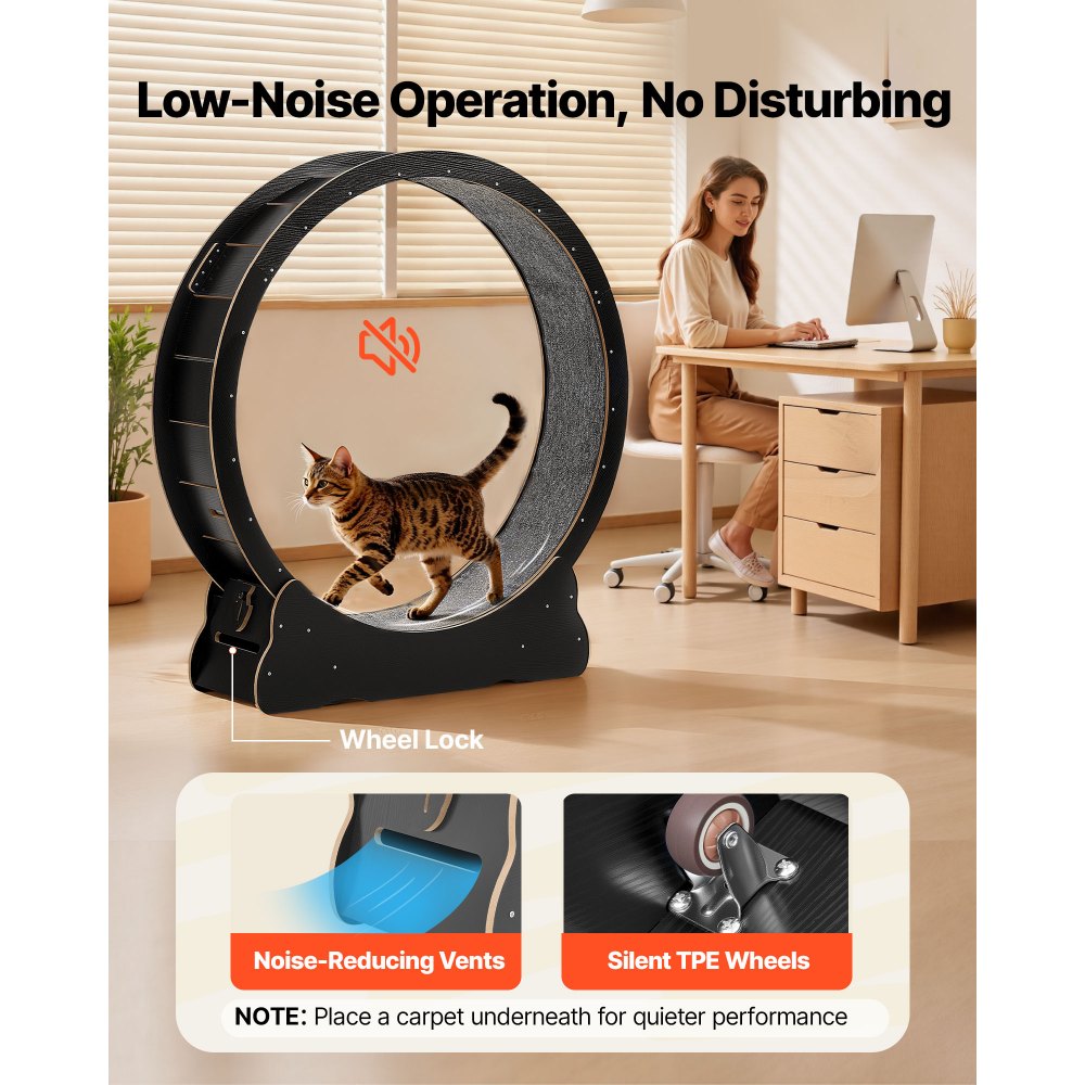 VEVOR Kattenloopwiel, 118 cm binnendiameter, houten loopwiel voor katten tot 13,6 kg, kattenloopband met tapijtachtig loopoppervlak en vergrendelingsmechanisme, stil speeltje voor binnenkatten, zwart