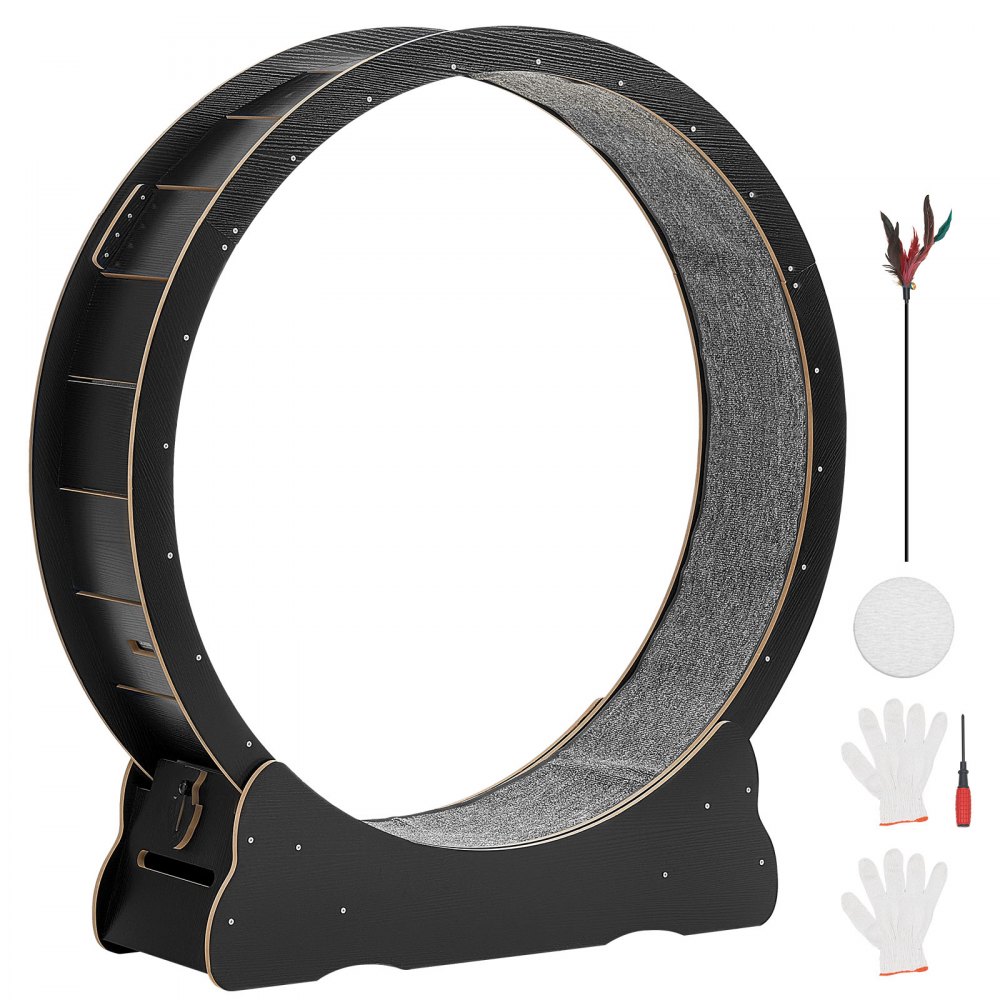 VEVOR Kattenloopwiel, 118 cm binnendiameter, houten loopwiel voor katten tot 13,6 kg, kattenloopband met tapijtachtig loopoppervlak en vergrendelingsmechanisme, stil speeltje voor binnenkatten, zwart