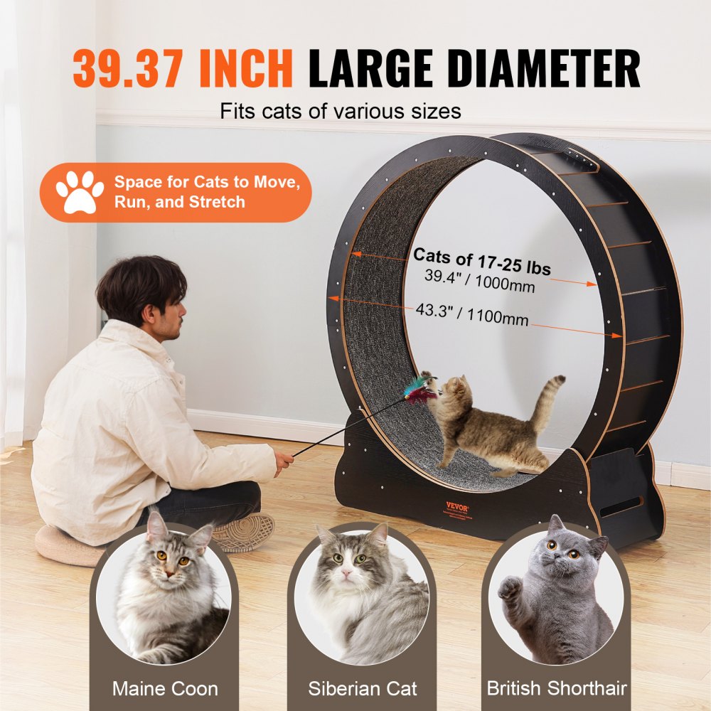 VEVOR Houten Kattenloopwiel, 110 cm Grote Kattenloopband voor Binnenkatten, Kattenloopwiel met Afneembaar Tapijt en Kattenhengel voor Hardlopen/Wandelen/Oefenen, Geschikt voor de Meeste Katten, Zwart