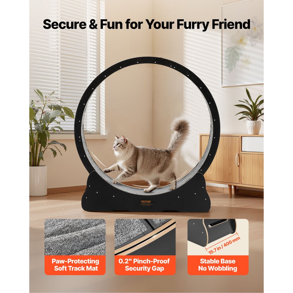 VEVOR kattenloopwiel, 1080 mm binnendiameter, houten loopwiel voor katten van 8,6-12,7 kg, kattenloopband met tapijtloopoppervlak en vergrendelingsmechanisme, stil speeltje voor binnenkatten, zwart
