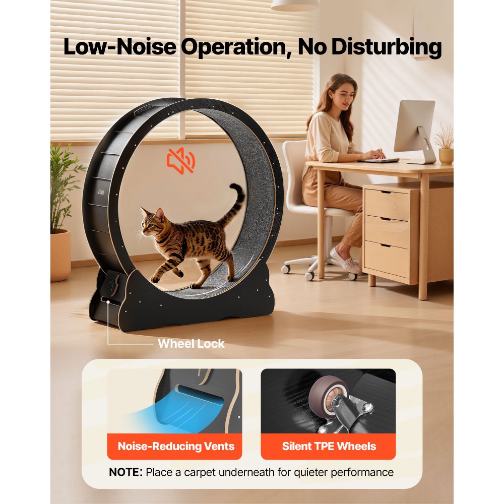 VEVOR kattenloopwiel, 1080 mm binnendiameter, houten loopwiel voor katten van 8,6-12,7 kg, kattenloopband met tapijtloopoppervlak en vergrendelingsmechanisme, stil speeltje voor binnenkatten, zwart