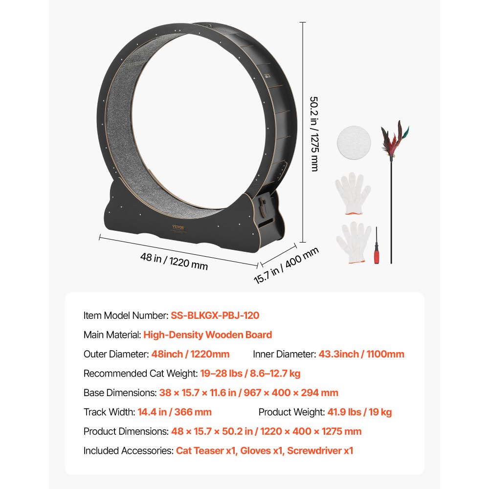 VEVOR kattenloopwiel, 1080 mm binnendiameter, houten loopwiel voor katten van 8,6-12,7 kg, kattenloopband met tapijtloopoppervlak en vergrendelingsmechanisme, stil speeltje voor binnenkatten, zwart