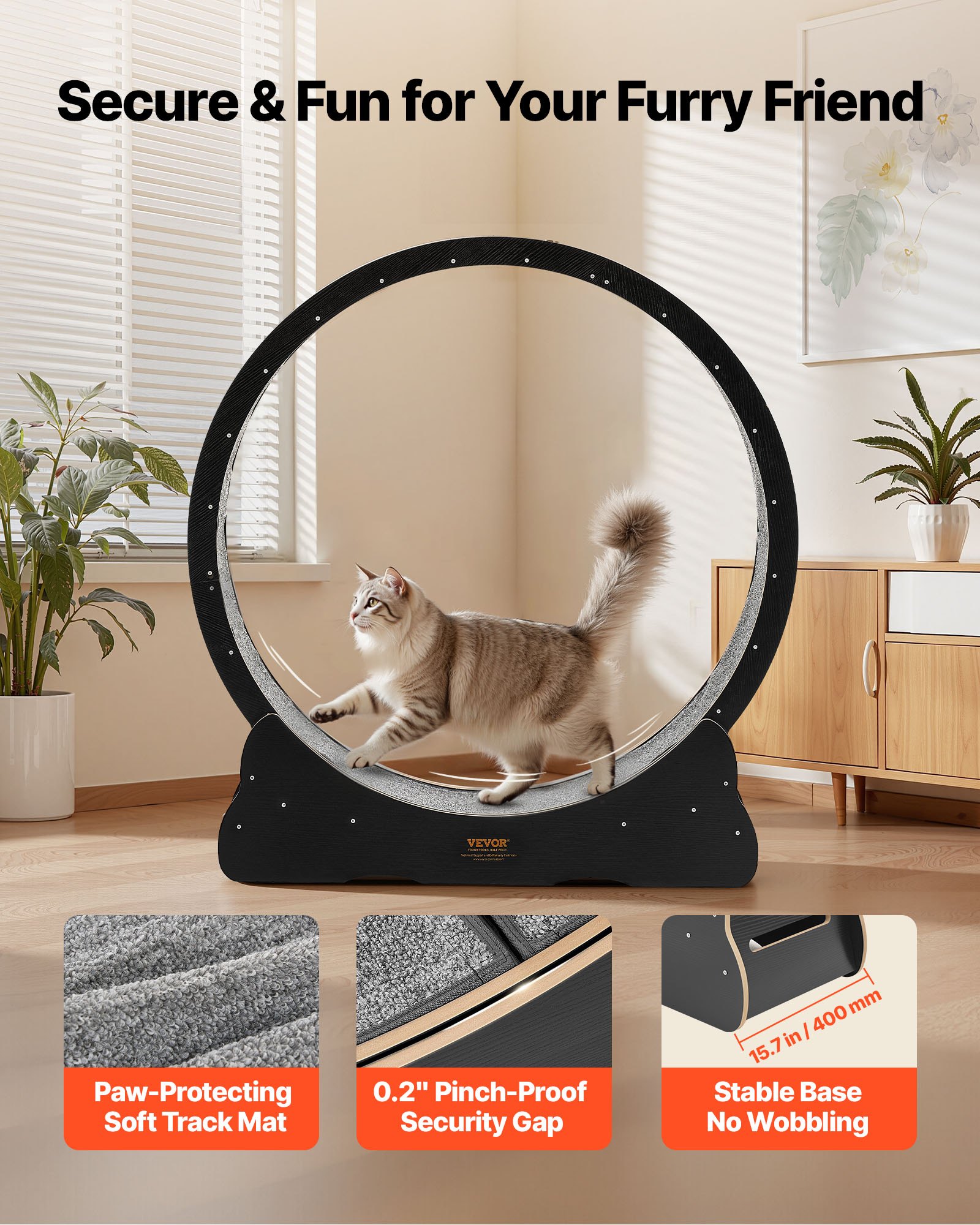 VEVOR kattenloopwiel, 1080 mm binnendiameter, houten loopwiel voor katten van 8,6-12,7 kg, kattenloopband met tapijtloopoppervlak en vergrendelingsmechanisme, stil speeltje voor binnenkatten, zwart