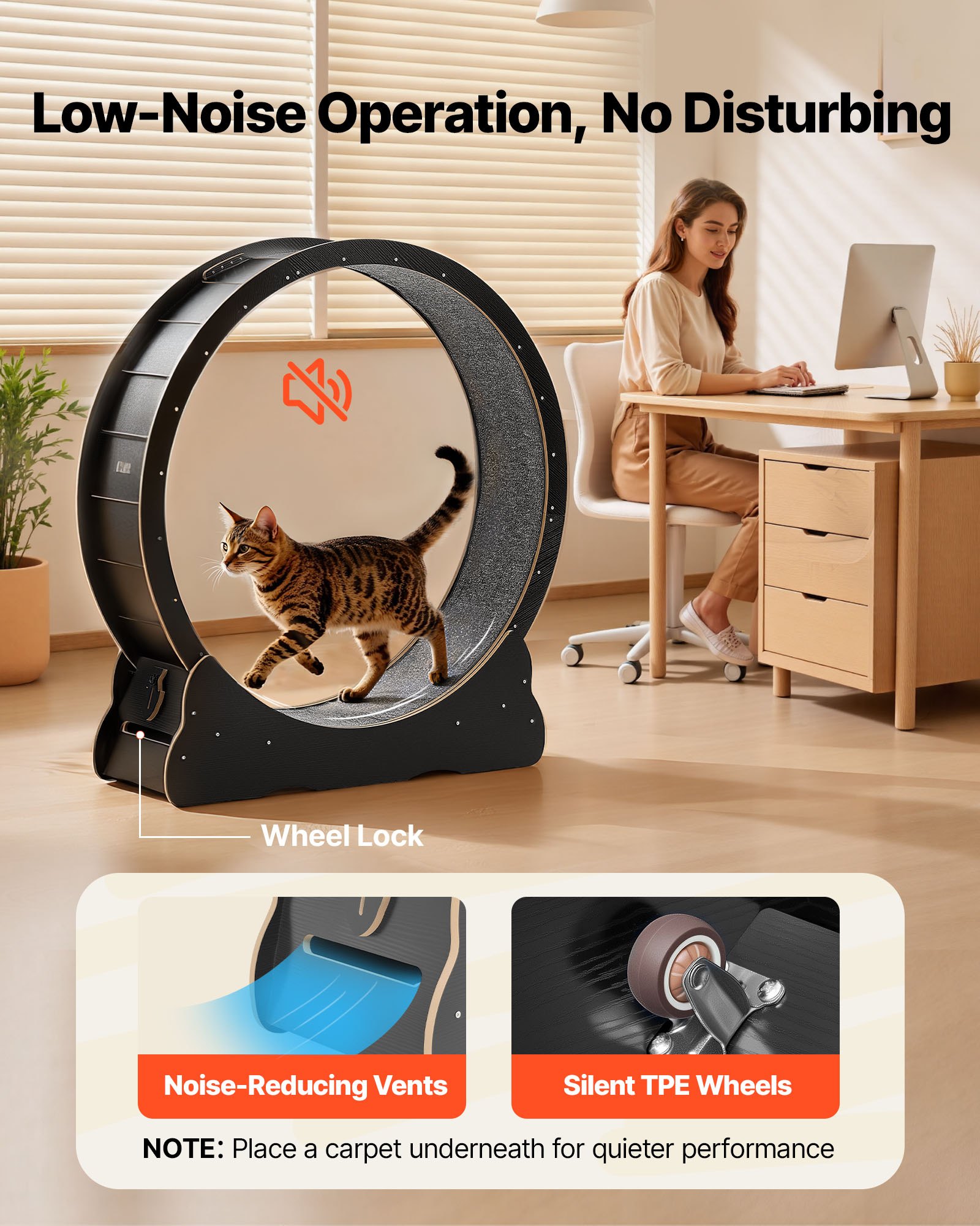 VEVOR kattenloopwiel, 1080 mm binnendiameter, houten loopwiel voor katten van 8,6-12,7 kg, kattenloopband met tapijtloopoppervlak en vergrendelingsmechanisme, stil speeltje voor binnenkatten, zwart