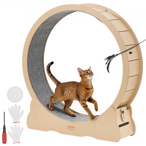 VEVOR kattenloopwiel, 1080 mm binnendiameter, houten loopwiel voor katten van 8,6-12,7 kg, met tapijtloopoppervlak en vergrendelingsmechanisme, stil speeltje voor binnenkatten