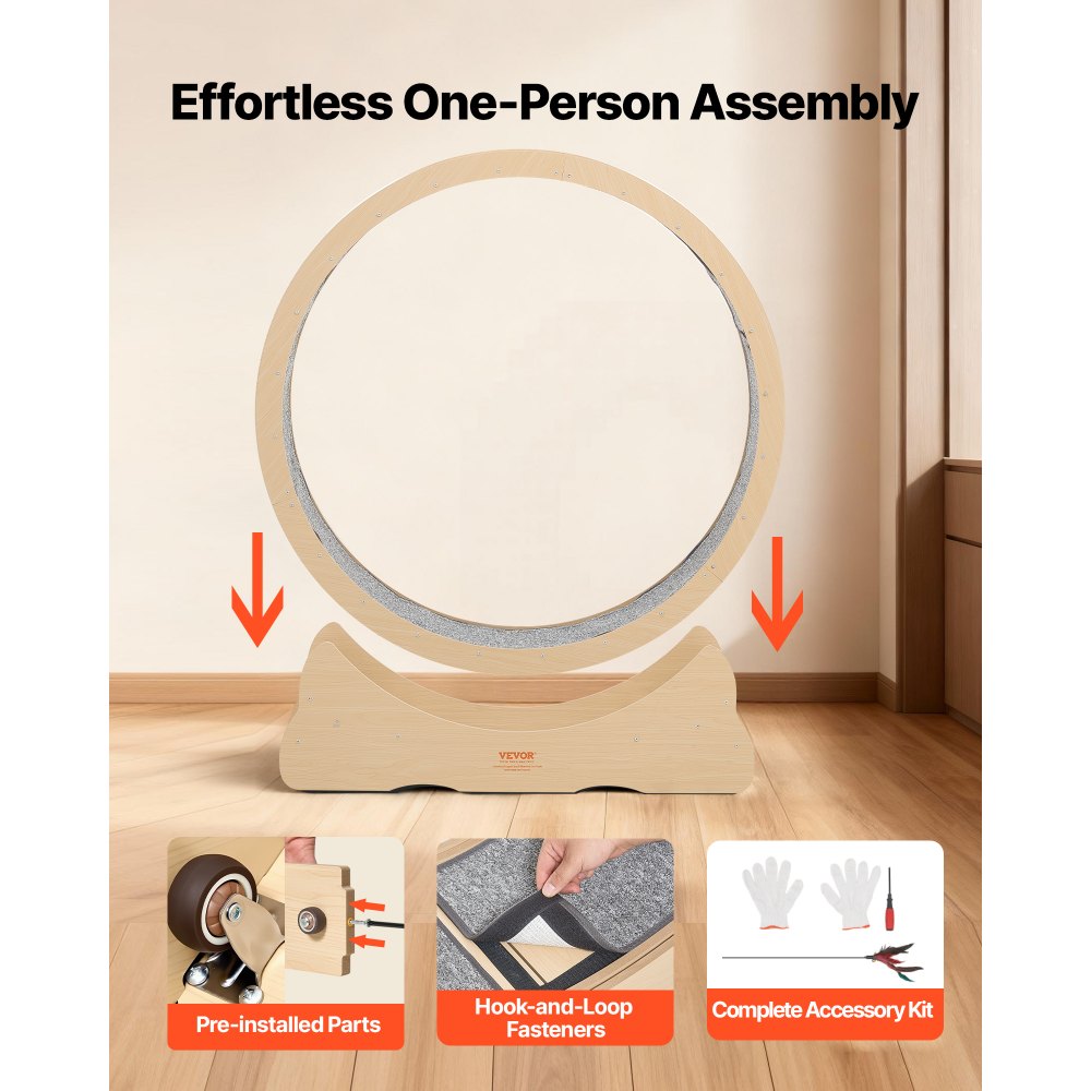 VEVOR kattenloopwiel, 1080 mm binnendiameter, houten loopwiel voor katten van 8,6-12,7 kg, met tapijtloopoppervlak en vergrendelingsmechanisme, stil speeltje voor binnenkatten
