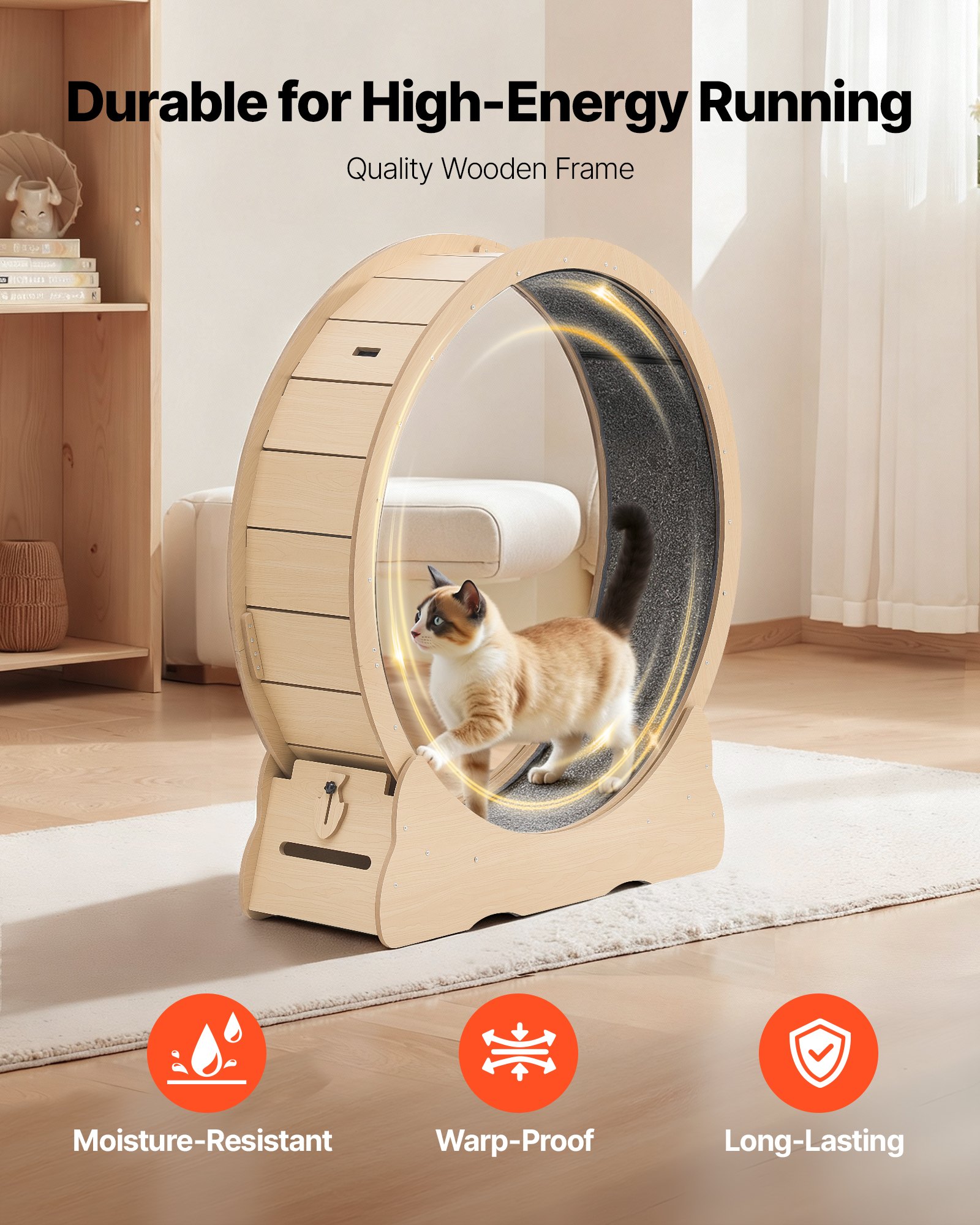 VEVOR kattenloopwiel, 1080 mm binnendiameter, houten loopwiel voor katten van 8,6-12,7 kg, met tapijtloopoppervlak en vergrendelingsmechanisme, stil speeltje voor binnenkatten