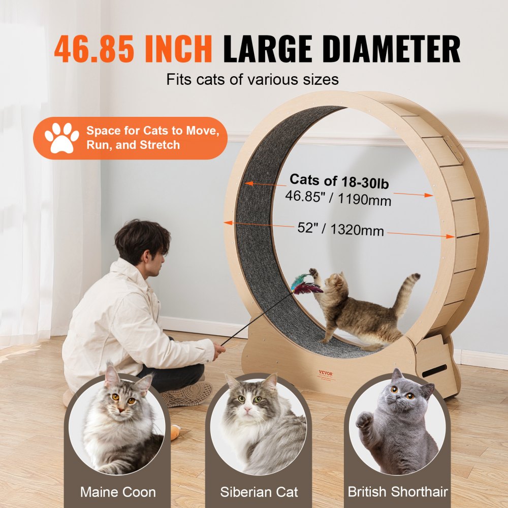 VEVOR Wooden Cat Exercise Wheel, 52" Large Cat Treadmill Wheel for Indoor Cats, Cat Running Wheel with Detachable Carpet & Cat Teaser for Running/Walking/Training, Suitable for Most Cats