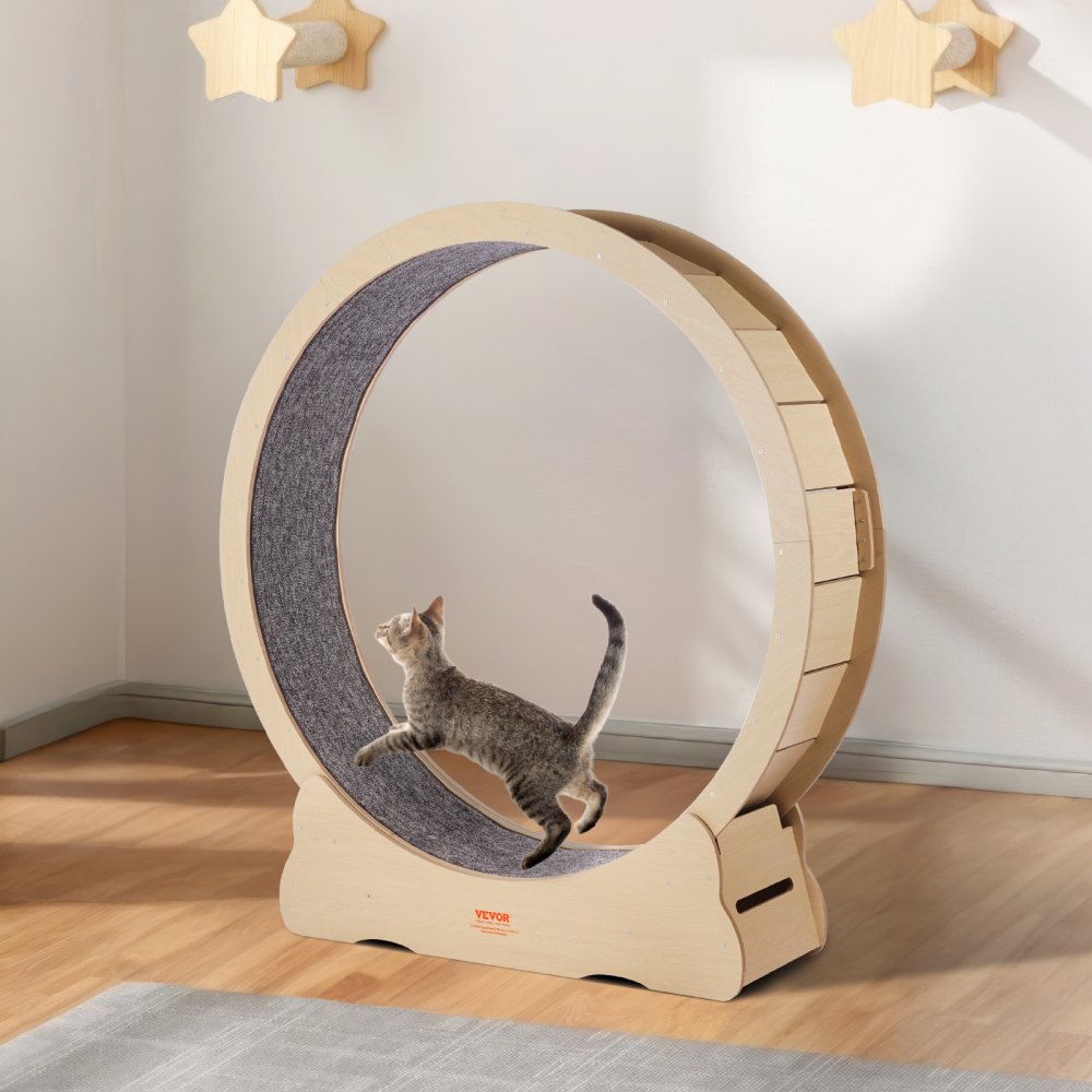 VEVOR Houten Kattenloopwiel, 132 cm Kattenloopband voor Huiskatten, Kattenloopwiel met Verwijderbaar Tapijt en Kattenstok voor Looptraining, Sportspeelgoed voor de meeste katten tot 13 kg