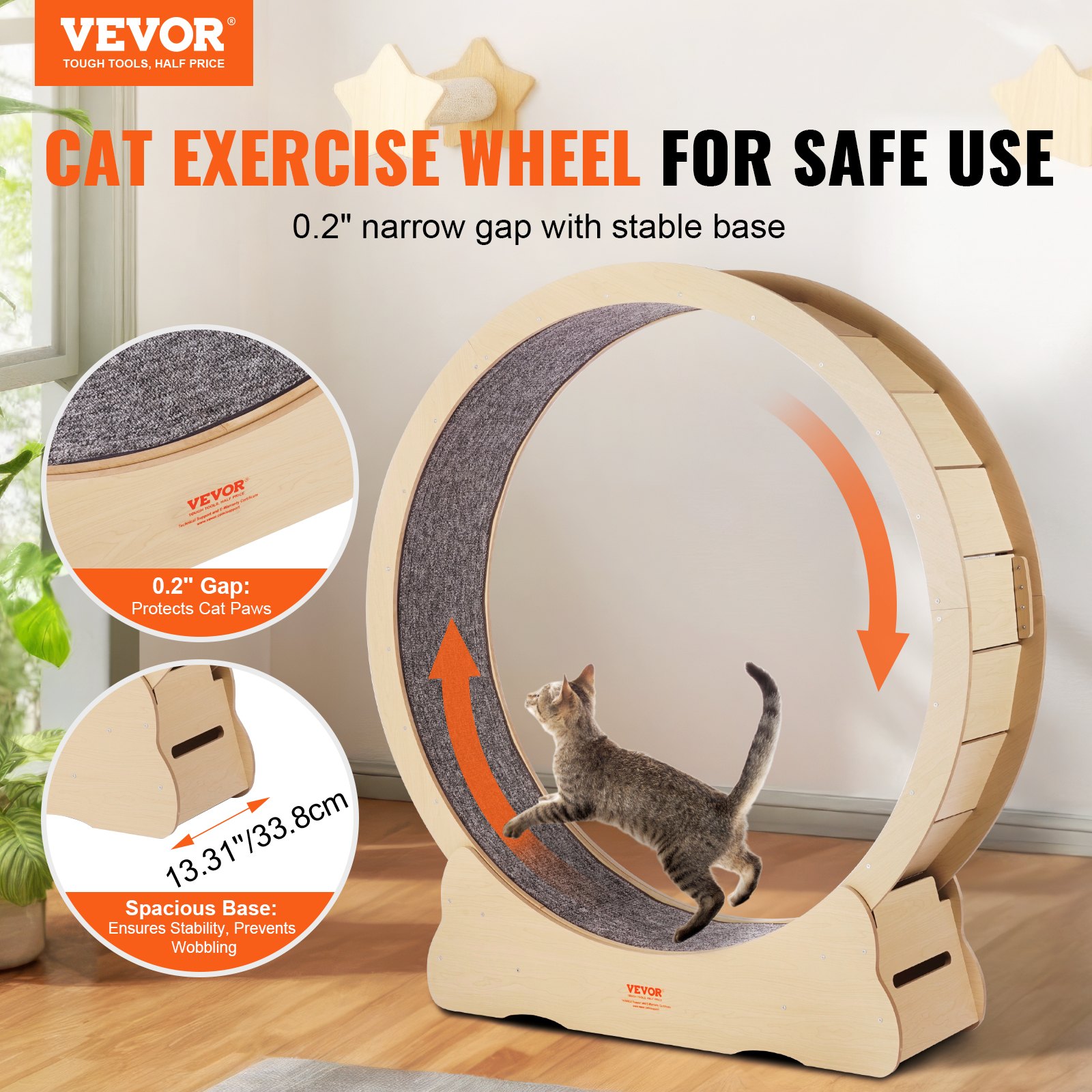 VEVOR Houten Kattenloopwiel, 132 cm Kattenloopband voor Huiskatten, Kattenloopwiel met Verwijderbaar Tapijt en Kattenstok voor Looptraining, Sportspeelgoed voor de meeste katten tot 13 kg