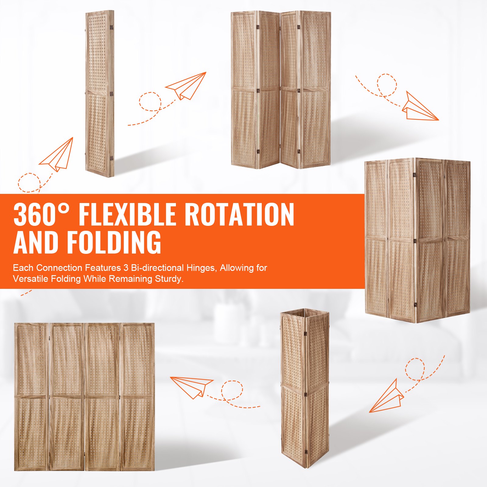 VEVOR Wood Room Divider, 4 Panel Wood Folding Privacy Screen, 66.9 Inches Tall Indoor Carved Partition Divider, Portable Decoration Screen, for Room Separation, Home, Office, Restaurant & Bedroom