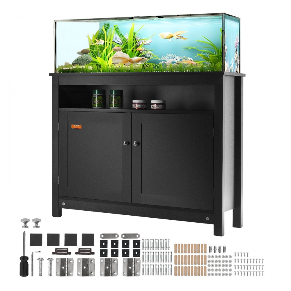 black VEVOR aquarium stand with fish tank, storage space, and assembly hardware laid out.