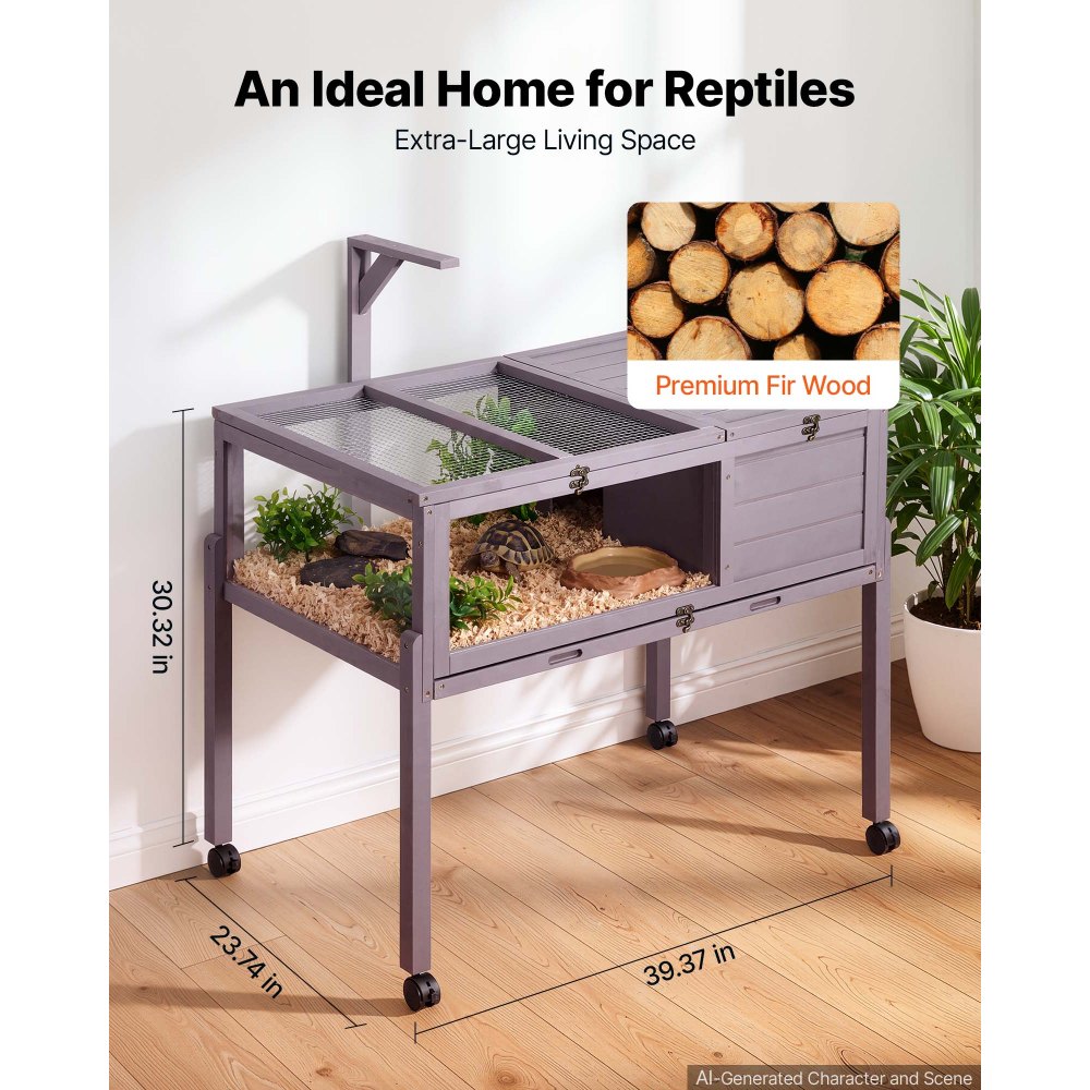 VEVOR Schildpaddenhuis, Schildpaddenverblijf, Reptielenkooi 1000x603x770 mm, voor schildpadden, Vurenhout, met 2 compartimenten, Deur op wielen, Uitschuifbare plank, Lampvoet, Scharnierend deksel & Acryl kijkvenster