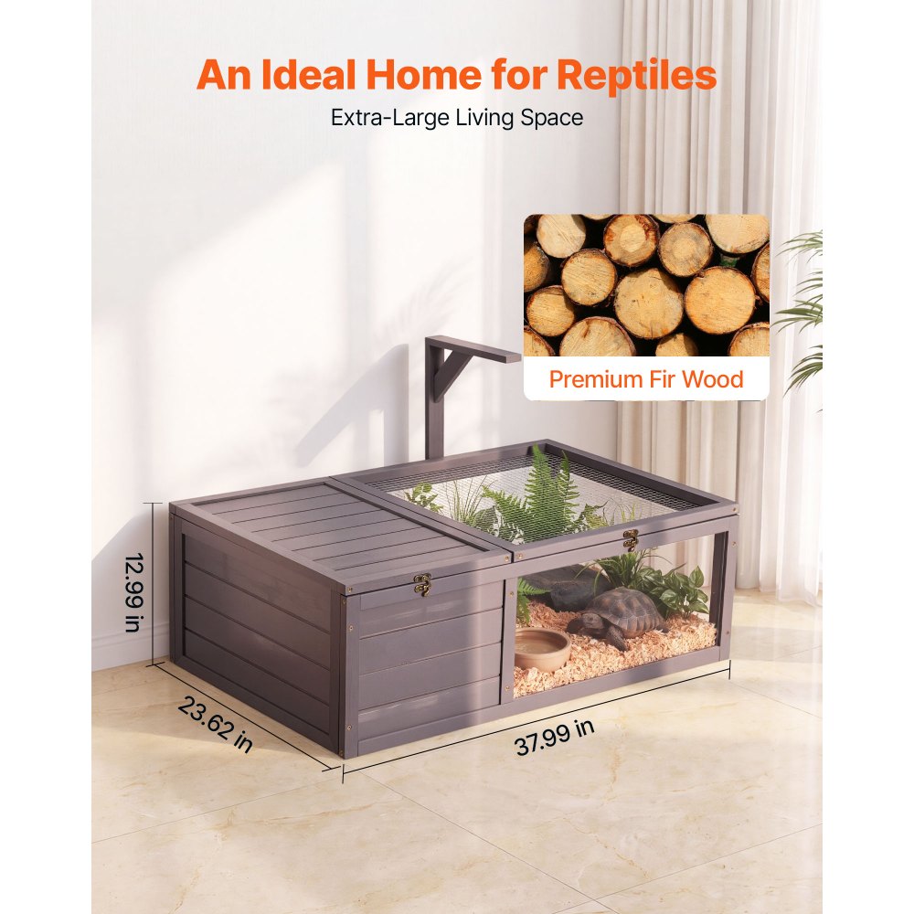 VEVOR Schildpaddenhuis, Schildpaddenverblijf, Reptielenkooi 965x600x330 mm, voor schildpadden, gemaakt van vurenhout, met 2 compartimenten, uitschuifbaar schap, lampvoet, scharnierend deksel en acryl kijkvenster.