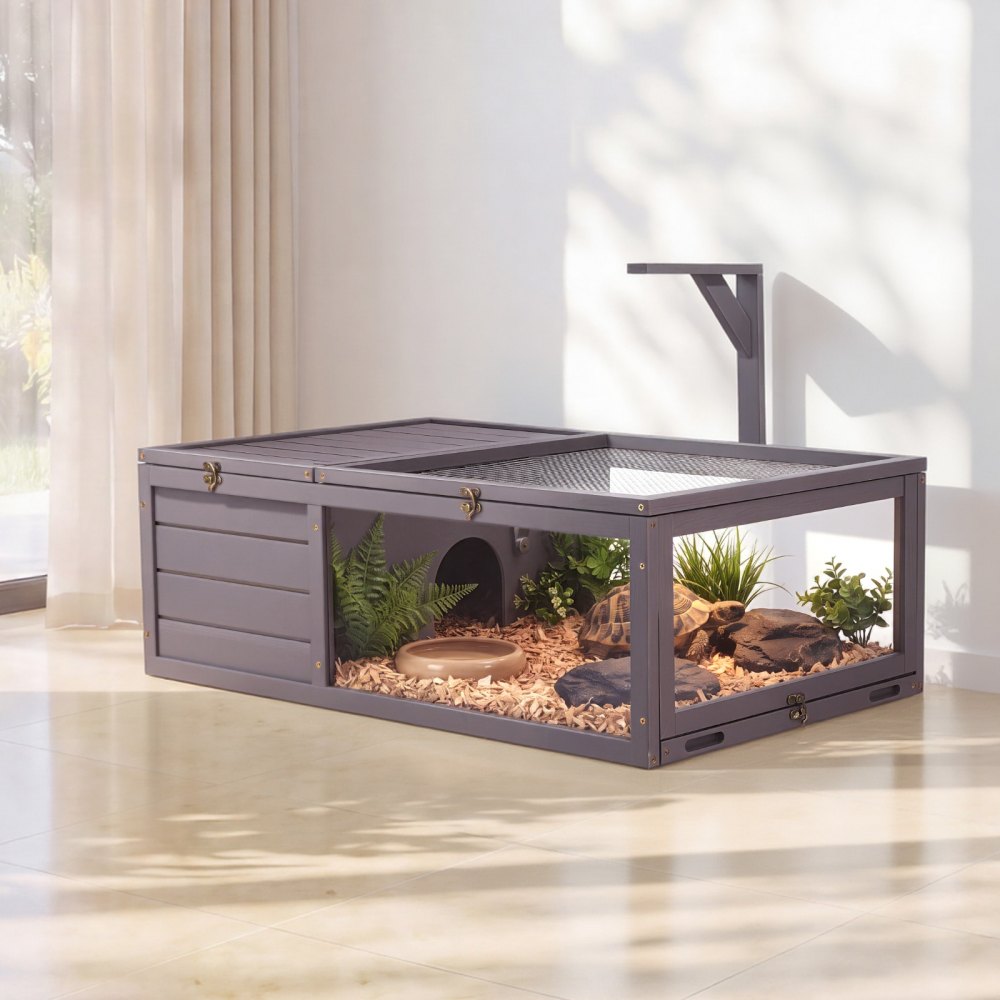 VEVOR Schildpaddenhuis, Schildpaddenverblijf, Reptielenkooi 965x600x330 mm, voor schildpadden, gemaakt van vurenhout, met 2 compartimenten, uitschuifbaar schap, lampvoet, scharnierend deksel en acryl kijkvenster.