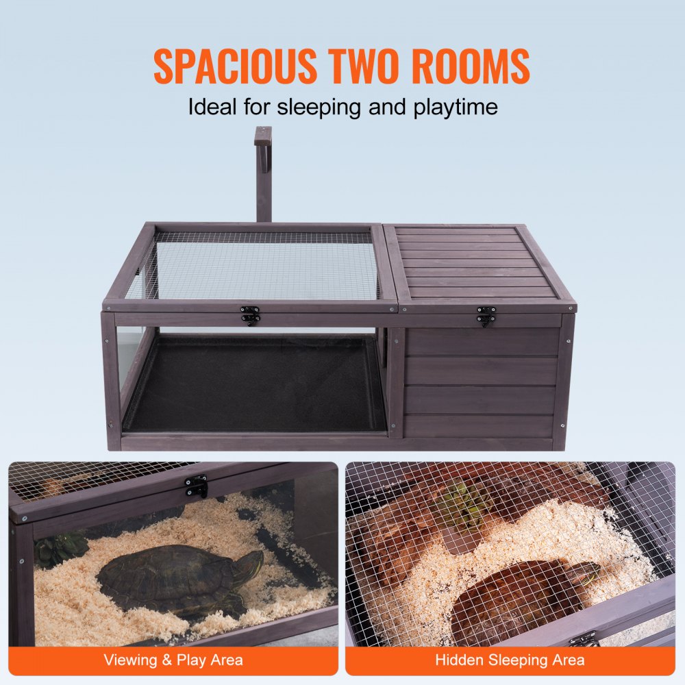 VEVOR Turtle Habitat, houten schildpaddenhuis voor binnen en buiten, schildpaddenverblijf met hangende lampenstandaard, reptielenverblijf met twee kamers, kleine dierenkooi voor gekko's, hagedissen, slangen, 96,5 x 61 x 33 cm