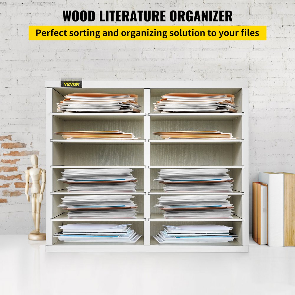 VEVOR Wood Literature Organizer, 12 Compartments, Adjustable Shelves, Medium Density Fiberboard Mail Center, Office Home School Storage for Files, Documents, Papers, Magazines, White