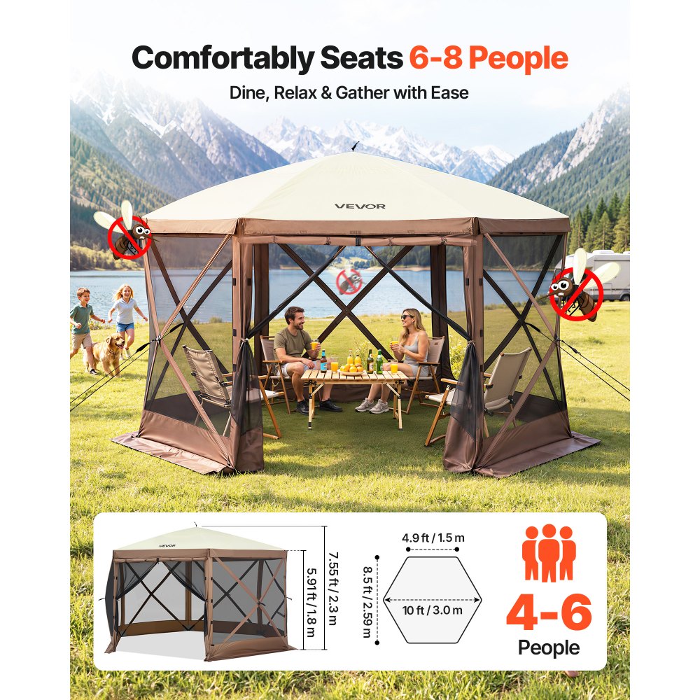 VEVOR opvouwbaar paviljoen, 3,05 x 3,05 m, 6-zijdig pop-up campingtent met gaasramen, draagtas, grondpinnen, groot tuinpaviljoen voor kamperen, gazon en achtertuin