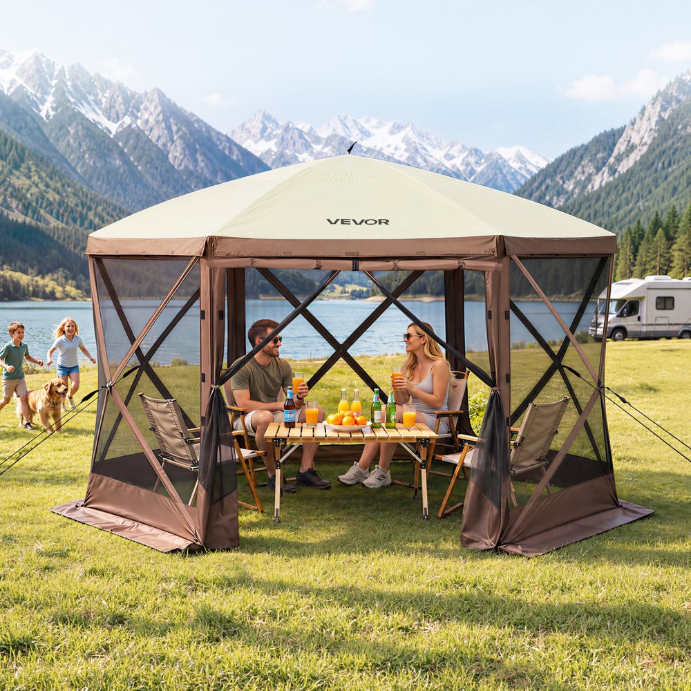 VEVOR opvouwbaar paviljoen, 3,05 x 3,05 m, 6-zijdig pop-up campingtent met gaasramen, draagtas, grondpinnen, groot tuinpaviljoen voor kamperen, gazon en achtertuin
