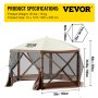 VEVOR camping gazebo - 12x12 ft, brown frame, mesh sides, cream canopy, product specs displayed.