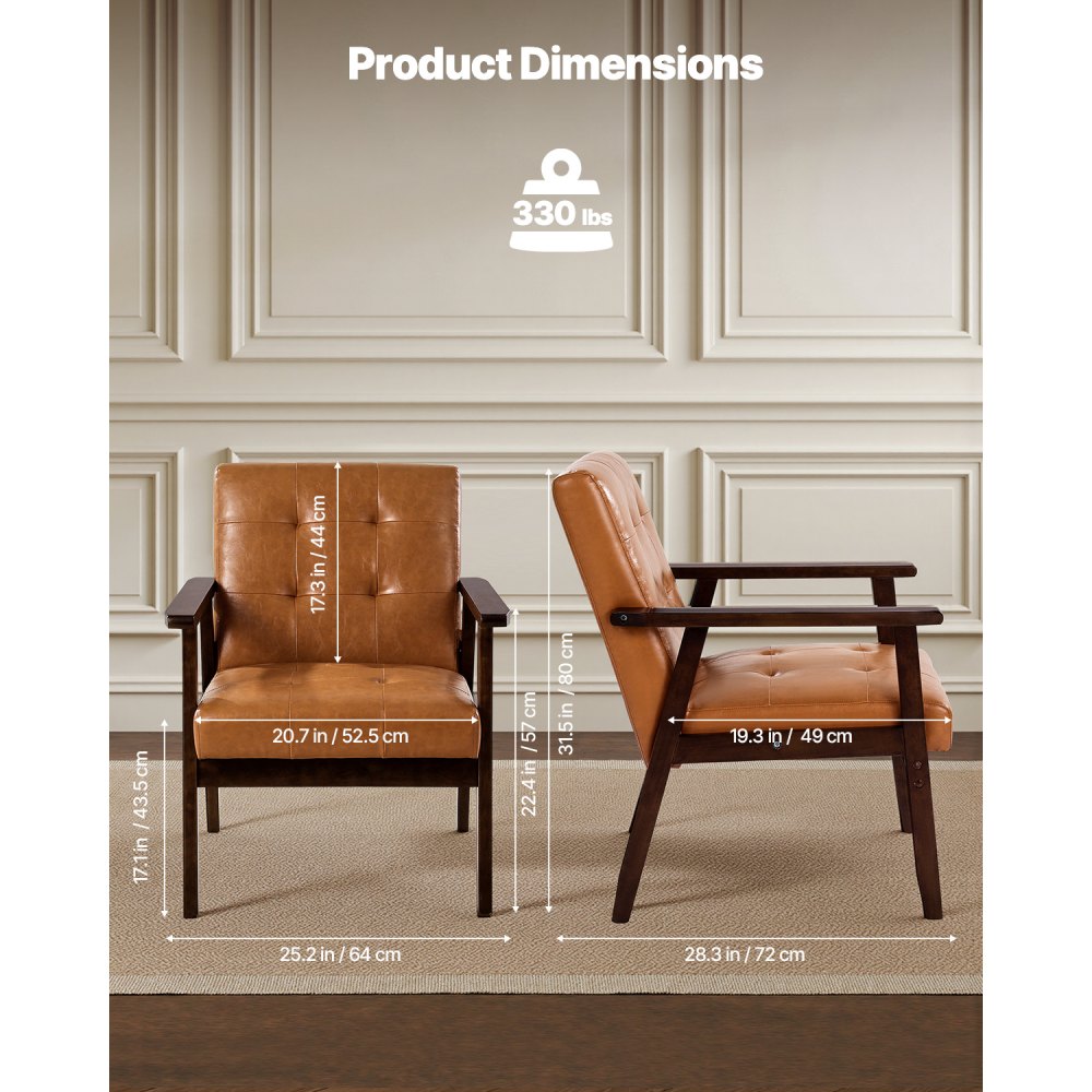 VEVOR Accent Chair, Mid Century Modern Armchair with Solid Wood Frame and Non-Slip Legs, Upholstered Leisure Chairs with PU Leather and Soft Cushion, for Living Room, Bedroom, Study, Office & Balcony