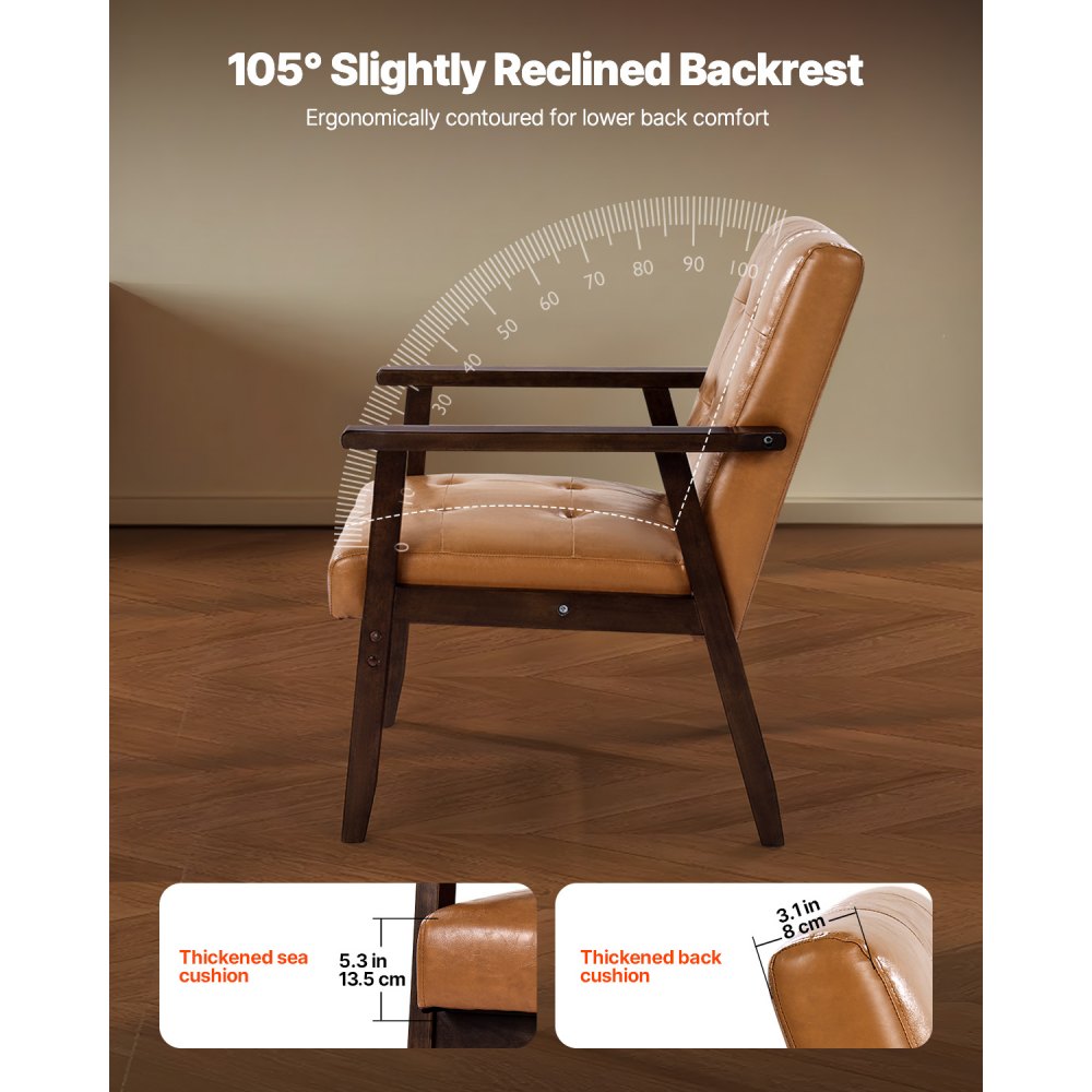 VEVOR Accent Chair, Mid Century Modern Armchair with Solid Wood Frame and Non-Slip Legs, Upholstered Leisure Chairs with PU Leather and Soft Cushion, for Living Room, Bedroom, Study, Office & Balcony