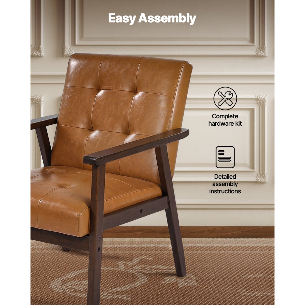 VEVOR Accent Chair, Mid Century Modern Armchair with Solid Wood Frame and Non-Slip Legs, Upholstered Leisure Chairs with PU Leather and Soft Cushion, for Living Room, Bedroom, Study, Office & Balcony