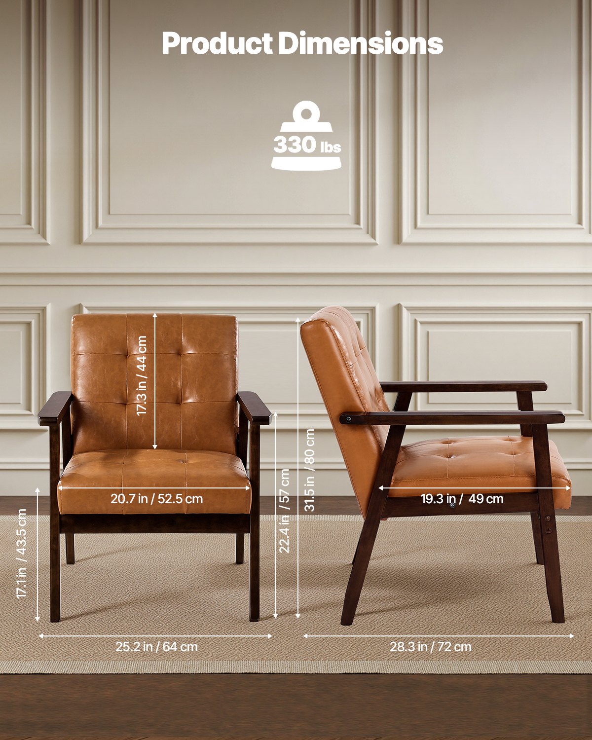 VEVOR Accent Chair, Mid Century Modern Armchair with Solid Wood Frame and Non-Slip Legs, Upholstered Leisure Chairs with PU Leather and Soft Cushion, for Living Room, Bedroom, Study, Office & Balcony