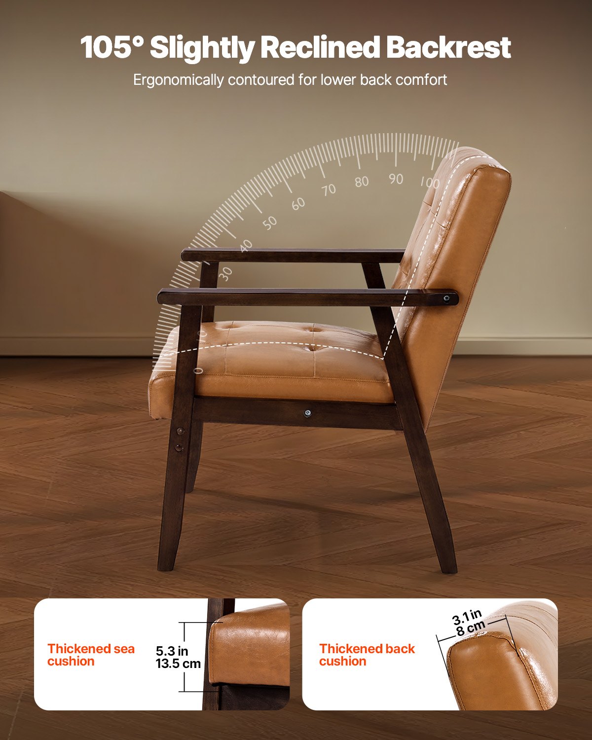 VEVOR Accent Chair, Mid Century Modern Armchair with Solid Wood Frame and Non-Slip Legs, Upholstered Leisure Chairs with PU Leather and Soft Cushion, for Living Room, Bedroom, Study, Office & Balcony