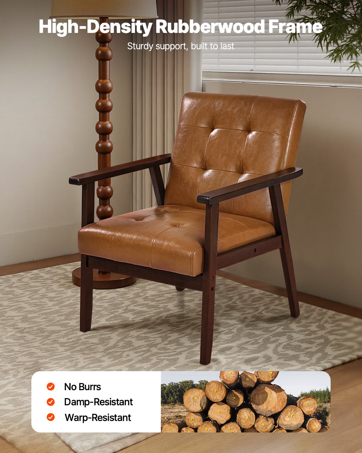 VEVOR Accent Chair, Mid Century Modern Armchair with Solid Wood Frame and Non-Slip Legs, Upholstered Leisure Chairs with PU Leather and Soft Cushion, for Living Room, Bedroom, Study, Office & Balcony