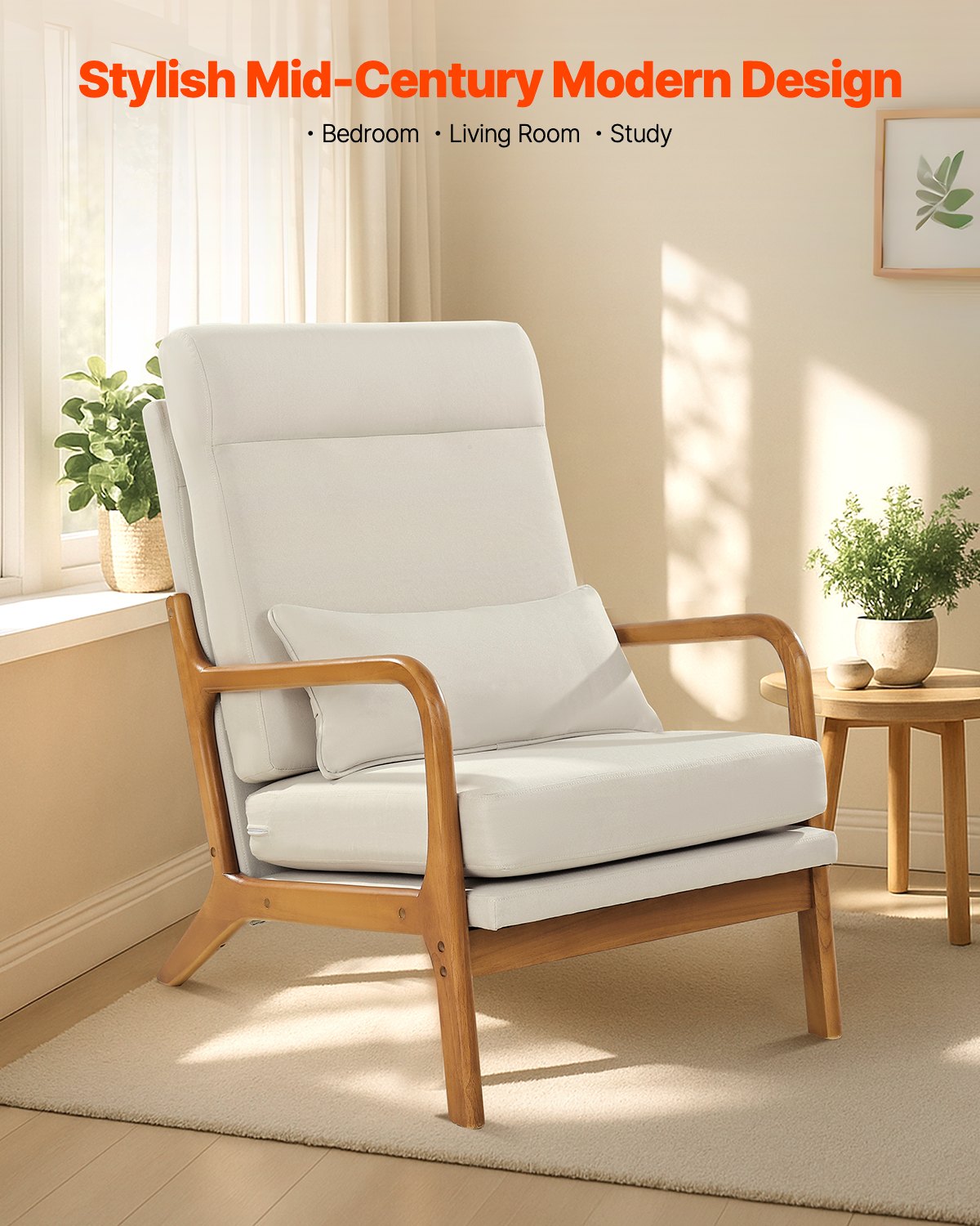 VVEVOR Accent Chair, High Back Mid Century Modern Armchair with Solid Wood Frame and Non-Slip Legs, Upholstered Leisure Chair with Linen Fabric and 5.3 in Thickened Cushion, for Living Room, Bedroom